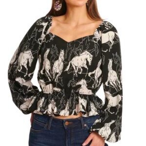 Wrangler Black and White Horse Print Peplum Blouse